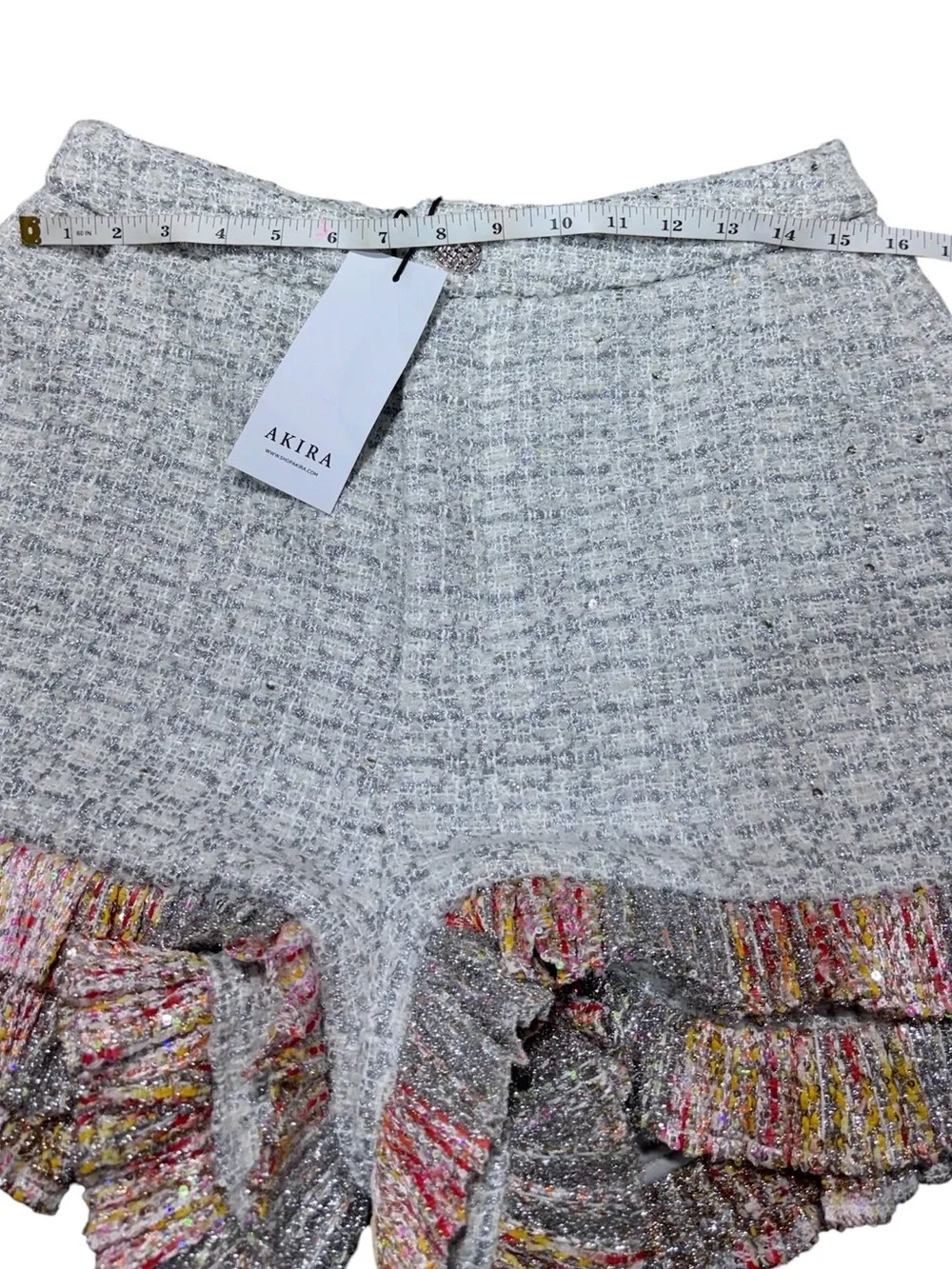 AKIRA Womens L Tweed Ruffle Shorts Metallic Sequin Multicolor High Waist NWT